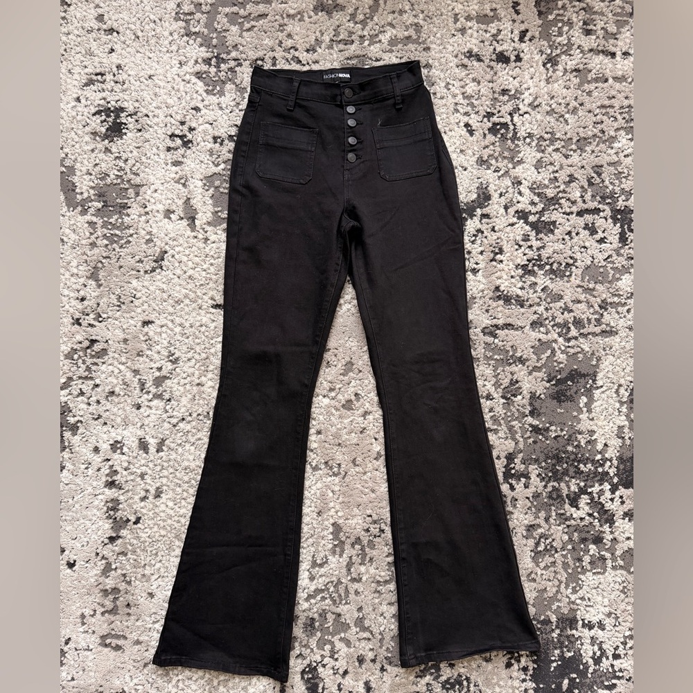 Fashion Nova Black High Waisted Button Fly Flare Jeans Stretch Denim